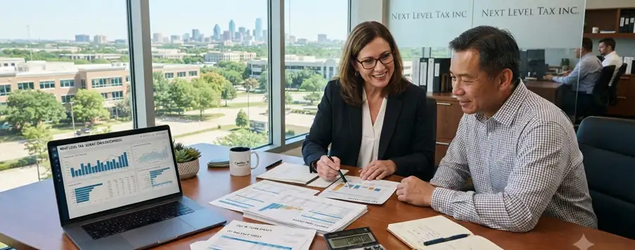 Professional accountant consulting a client in Carrollton Texas